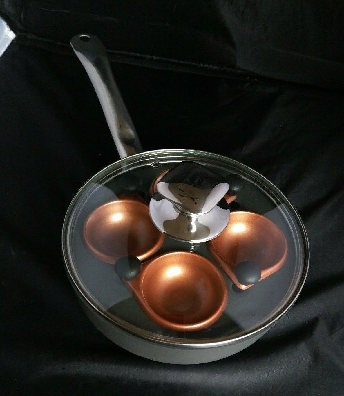 Egg Poacher New 8" Copper Saucepan with lid Removable Egg Wells Parini