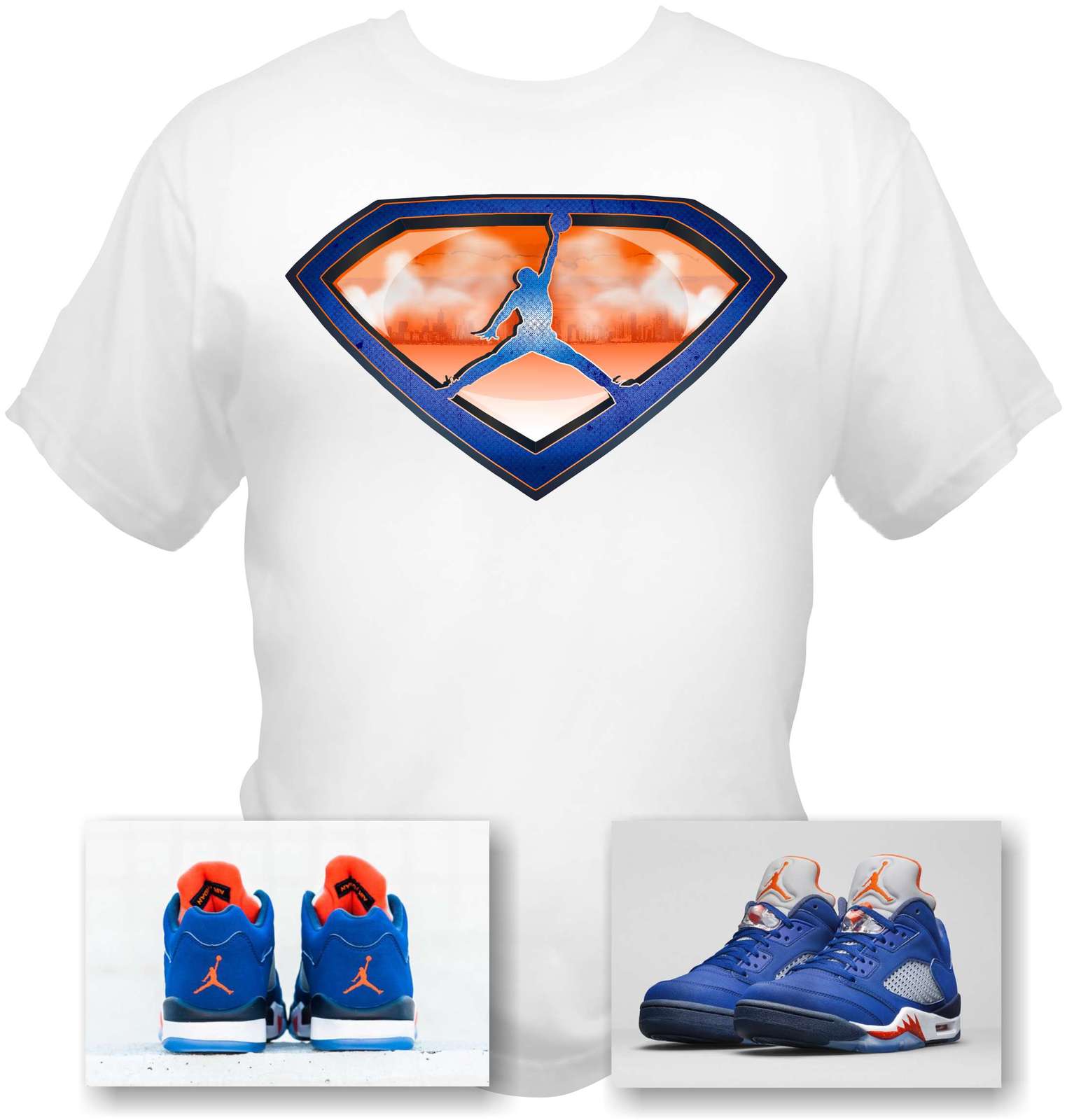 Image of Air Jordan 5 Low Knicks white T-Shirt Superman Style Made to Match sneakers