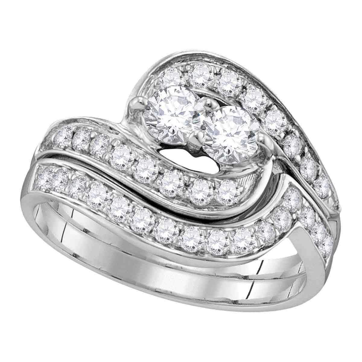 10Kt White Gold Womens Round Diamond 2-Stone Hearts Together Bridal ...