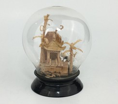 Carved Sponge of Pagoda Two Cranes Glass Cloche Cover, Wooden Bottom, Ha... - $29.99