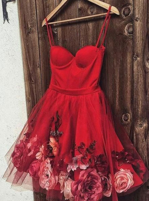 Spaghetti Straps Red Homecoming Dresses with 3D Flowers