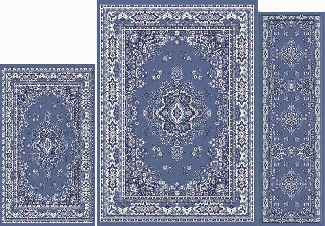 Blue White 3 pc Area Rug Set Border Accent Mat Room Carpet Runner