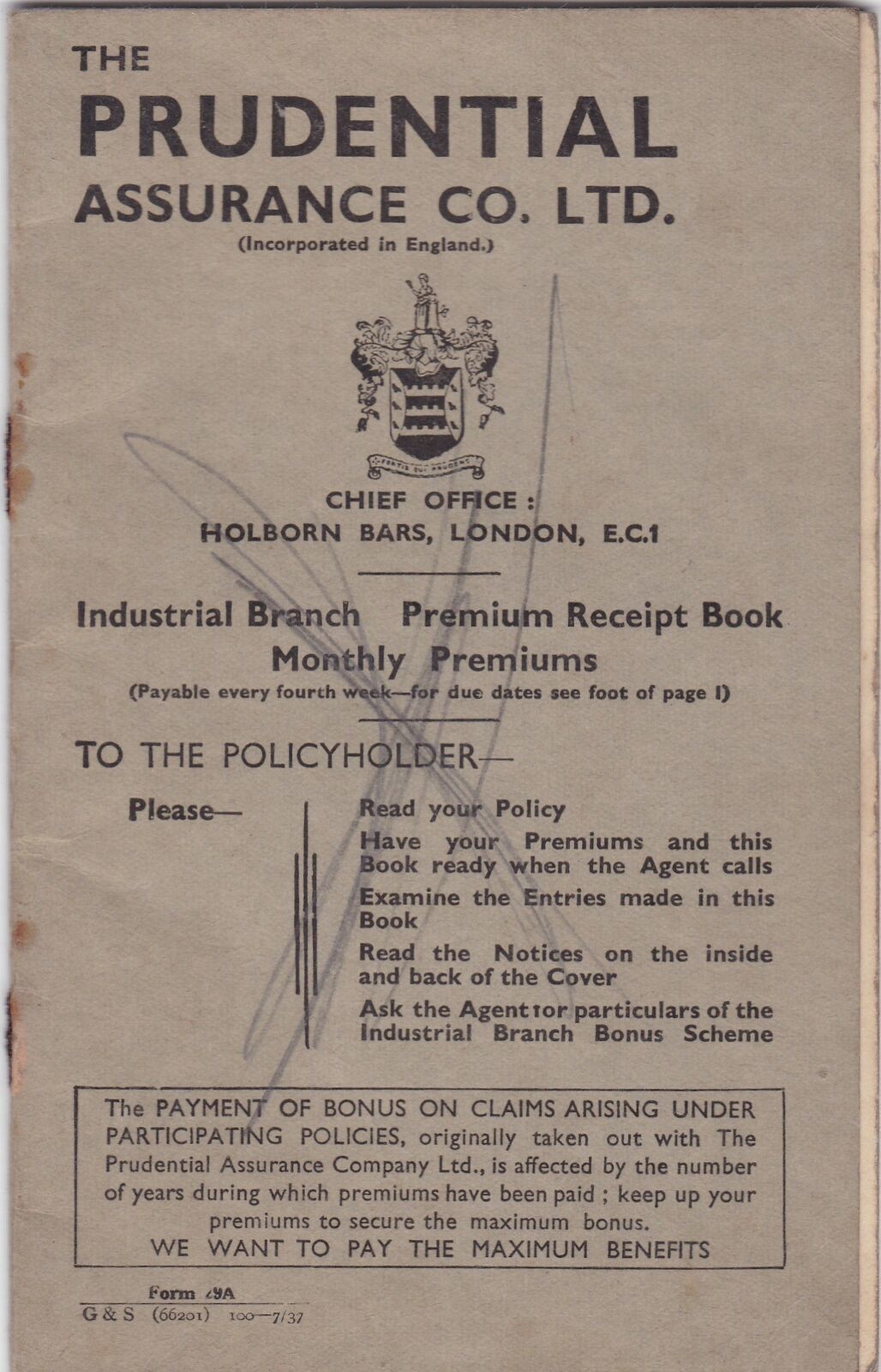 THE PRUDENTIAL ASSURANCE CO LTD 1935 Monthly Premuims Receipt