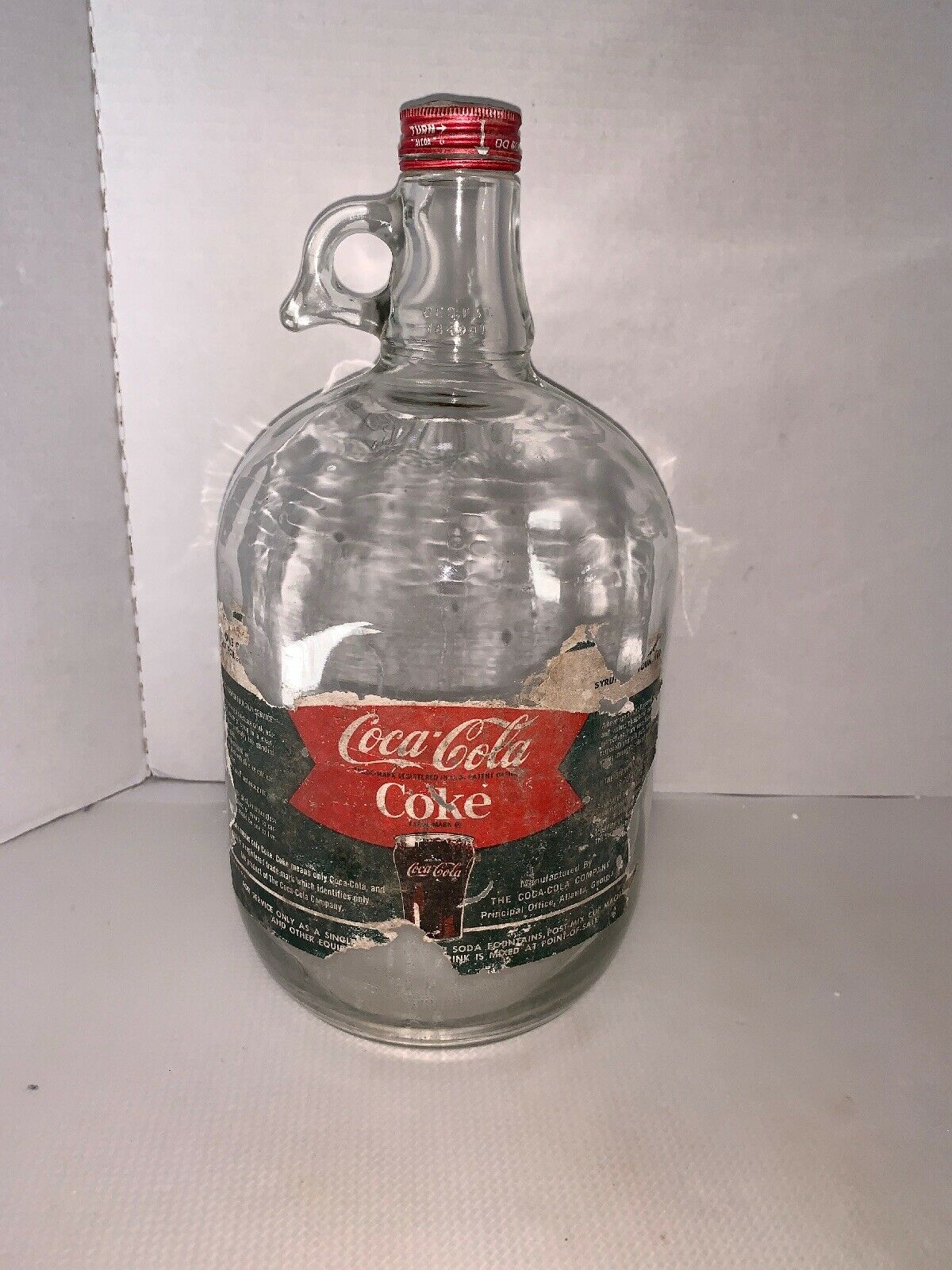COCACOLA 1 GALLON CLEAR SYRUP BOTTLE w/CAP & PAPER LABEL 1960's USA