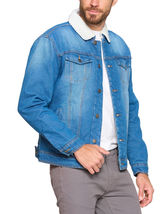 Men’s Sherpa Lined Cotton Denim Jean Button Up Trucker Jacket (Dark Blue, Small) image 2