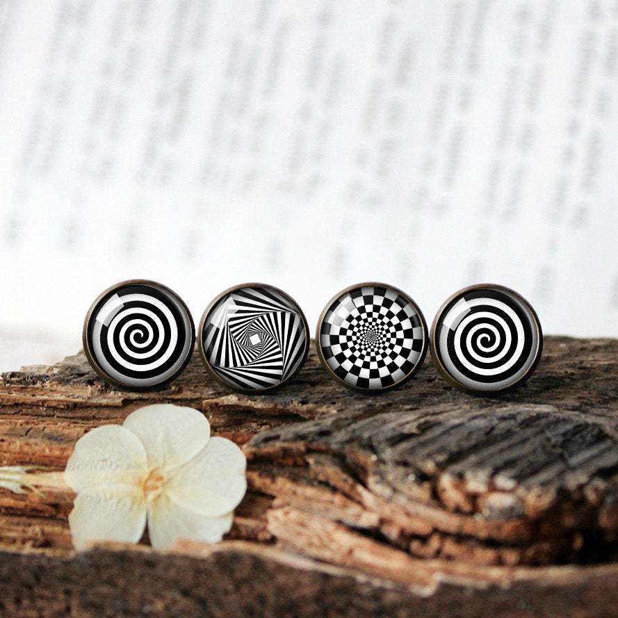 Spiral Earrings, Black and White Swirl Earrings, Spiral Stud Earrings, Circle Sw