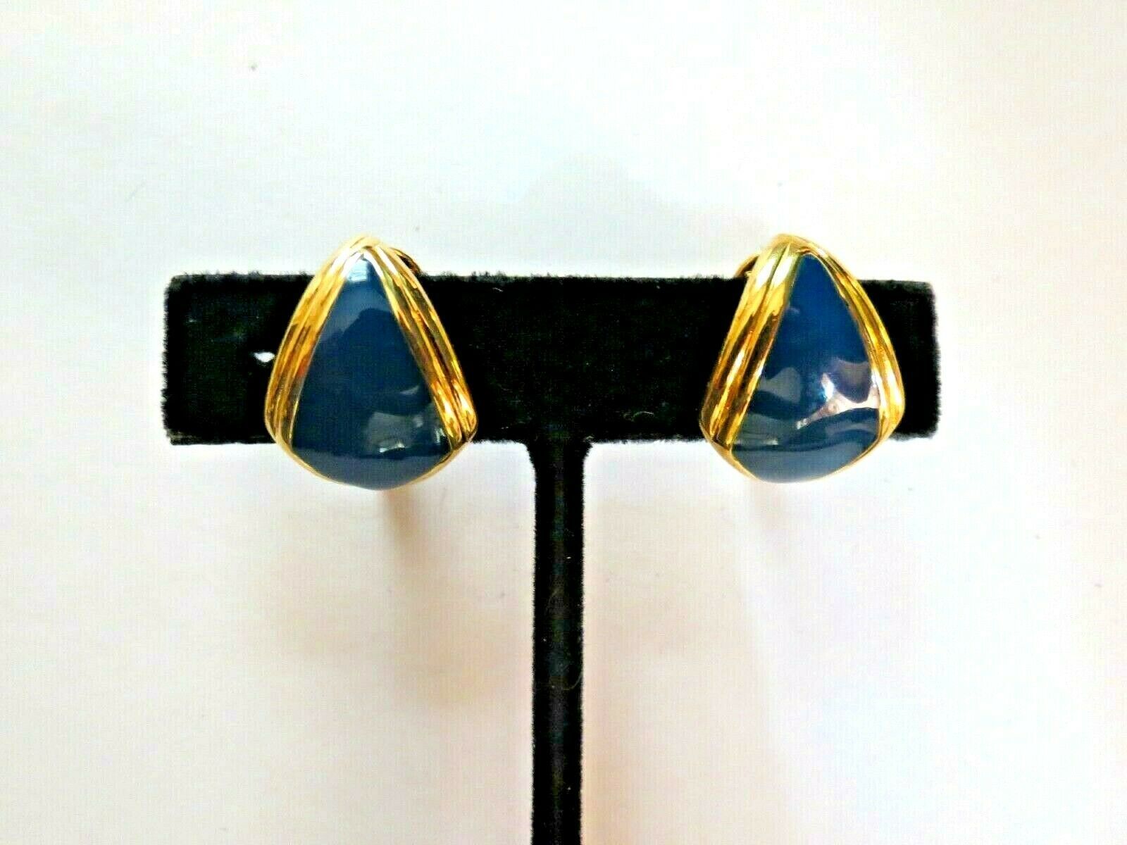 Clip Earrings Luxury Blue Enamel Gold Tone .75" High