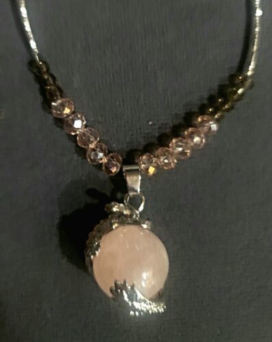 PINK TOPAZ WIRE WRAPPED  CRYSTAL PENDANT  SWAROVSKI BEADED NECKLACE 1 ORIGINAL - $14.85