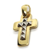 SOLID 18K YELLOW & WHITE GOLD DOUBLE SQUARE CROSS, 0.8",  SMOOTH, ITALY MADE image 2