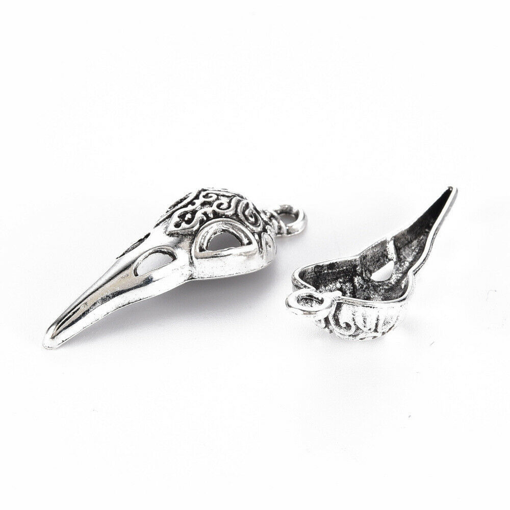 2 Large Raven Bird Skull Pendants Antique Silver Gothic Steampunk Findings 35mm