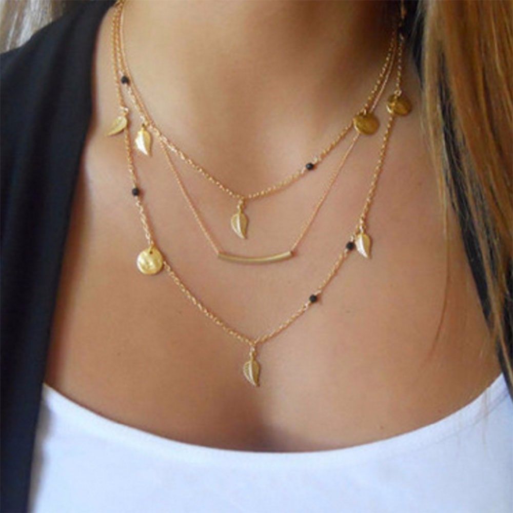 New Gold Plated Chain Beads Leaves Pendant Multilayer Necklace Fashion Jewelry  - $12.86