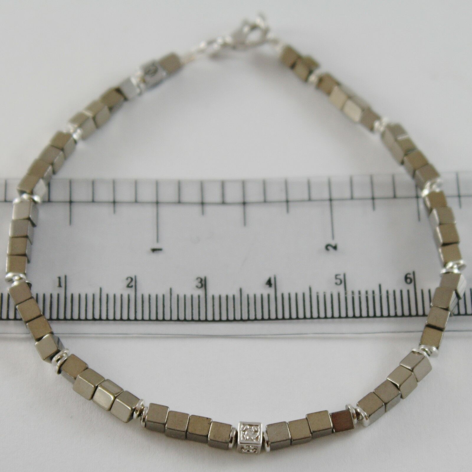 Primary image for 925 SILVER BRACELET 4 WHITE DIAMONDS & GREY CUBES SMOOTH HEMATITE MADE IN ITALY