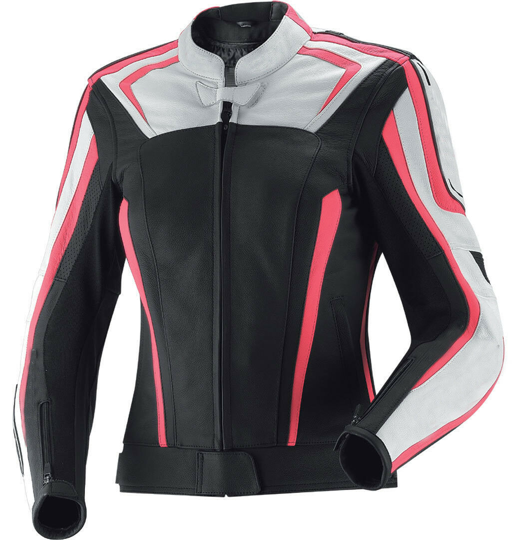 Women Black White Cont Motorbike Pink Striped Genuine Leather Safety Pads Jacket