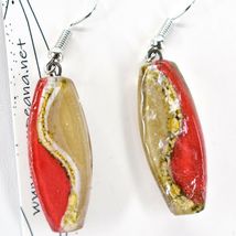 Handmade Recycled Fused Glass Red & Brown Oval Surf Hook Earrings Made Ecuador image 4