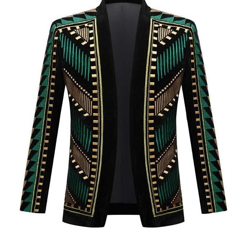 Luxury African Embroidery Cardigan Blazer Jacket Men Lapel Slim Fit Striped Suit