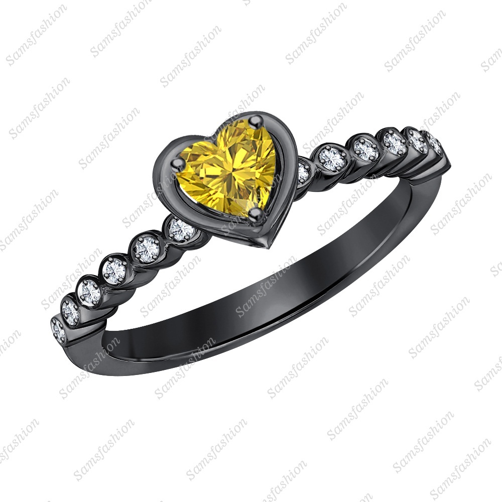 Women's Heart  Yellow Sapphire & Dia 14k Black Gold Over 925 Promise Band Ring