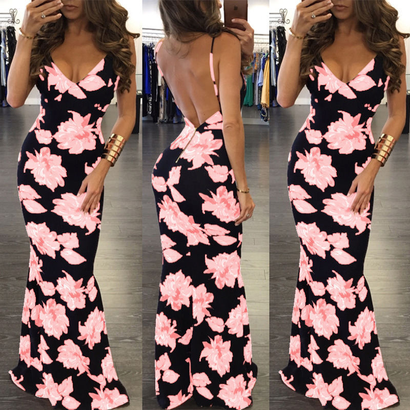 Romantic Flower Strappy Evening Dress with Open Back