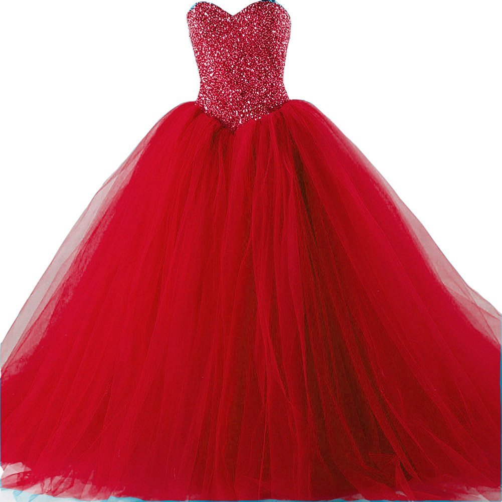 Kivary Formal Tulle Heavy Beaded Ball Gown Long Prom Dresses Quinceanera Red US