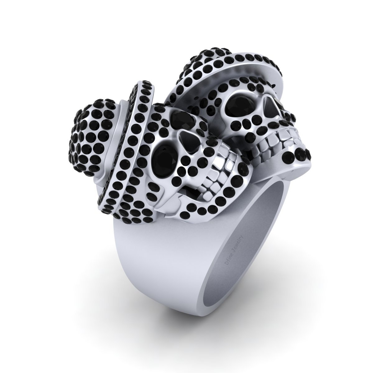 Black Diamond Skull Engagement Ring Wearing Hat Skull Biker Ring Sterling Silver