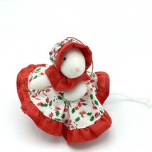 RUSS BERRIE vintage Christmas ornament - fabric mouse in holly dress and bonnet - $14.70