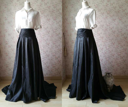 Women High Waisted Black Maxi Skirt Pleated Maxi Skirt with Train Plus Size image 3