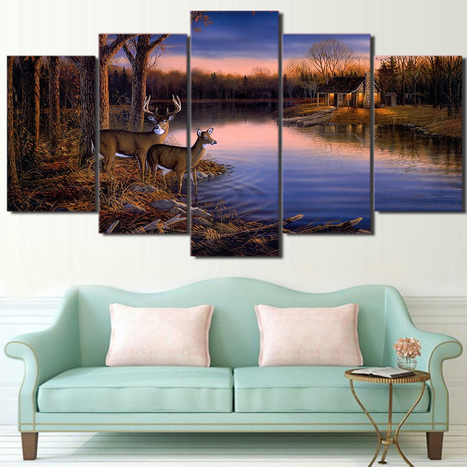 Framed 5 Panels Deer Cabin Nature WIldlife Canvas Painting Wall Art