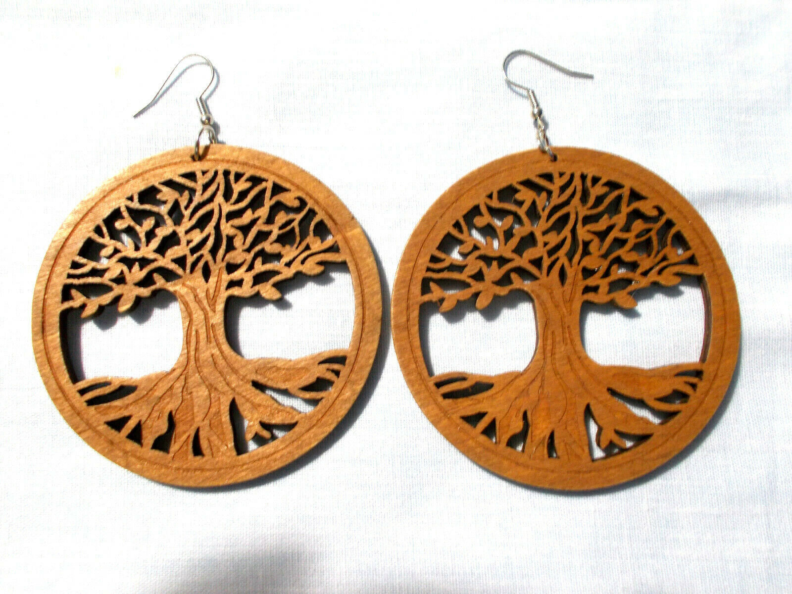 LIGHT BROWN Wood TREE OF LIFE Cut Out XL Rounds 3 Long Pair of Earrings Element