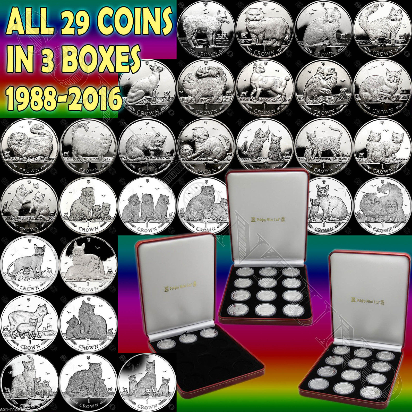 19882016 COMPLETE SET 29 Isle of Man Copper Nickel CAT COINS in (3) Mint Boxes Crown