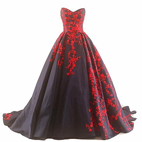 Kivary Gothic Black Satin and Red Lace A Line Long Prom Wedding Dresses Plus Siz
