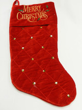RED VELVET QUILT PATTERN CHRISTMAS STOCKING w/ &quot;MERRY CHRISTMAS&quot; EMBROID... - $14.88