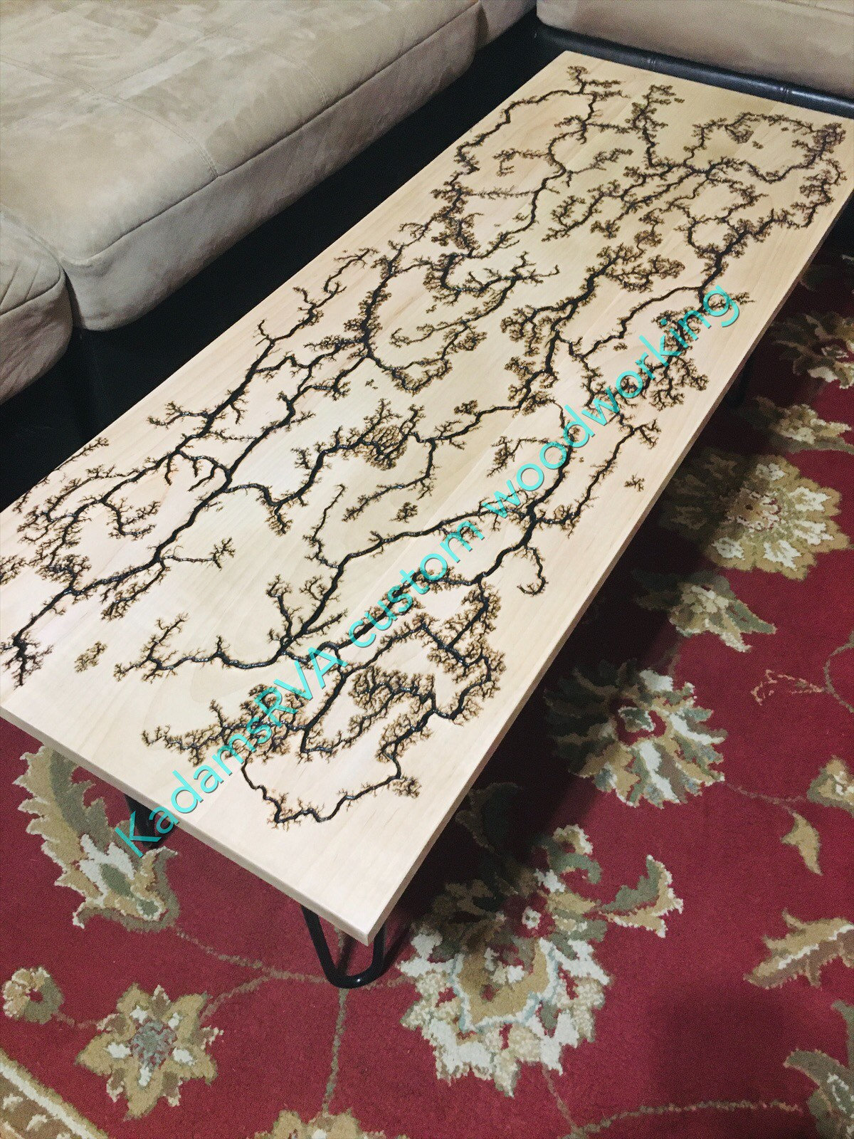 Fractal wood burn coffee table, coffee table, solid wood coffee table