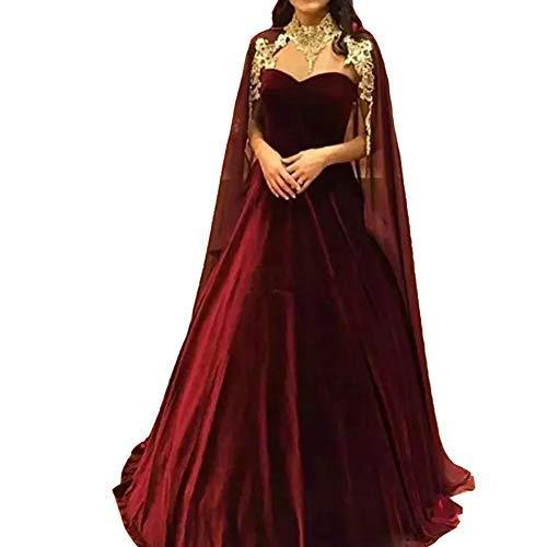 Long Velvet A Line Formal Prom Evening Dress with Gold Lace Cape Burgundy US 4