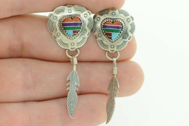 TK Navajo Sterling Silver Coral Turquoise Malachite Heart Earrings w/ Fe... - $85.00