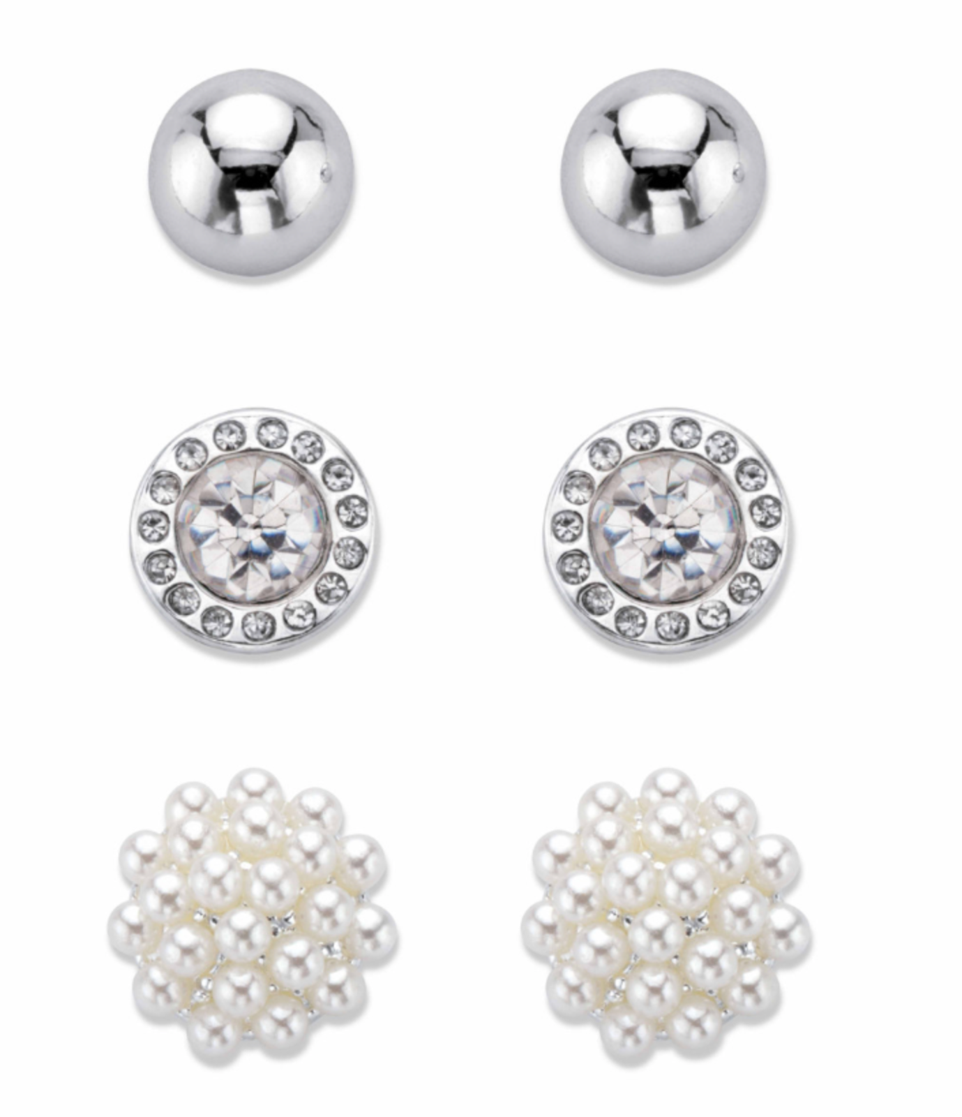 SIMULATED PEARL AND CRYSTAL 3 PAIR STUD EARRING SET SILVERTONE - $75.99
