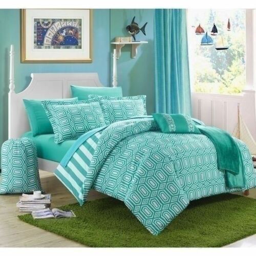 Twin XL Full Bed Bag Aqua Green White Stripe Geometric 10 pc Comforter