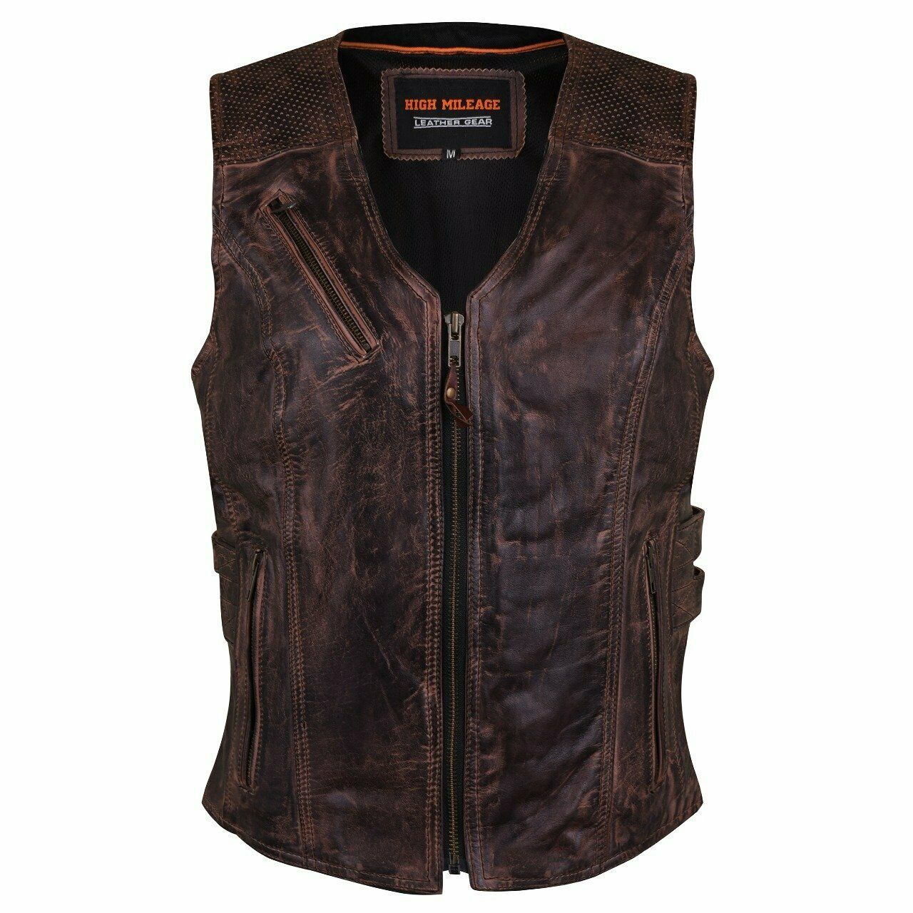 Ladies Vintage Brown Premium Leather Concealed Carry Motorcycle Vest