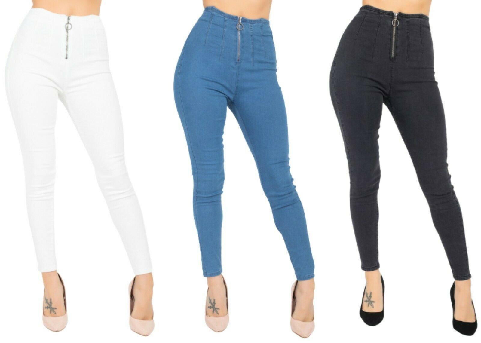 Unbranded - Women stretchy skinny legs front zipper high waist denim jeans jeggings pants