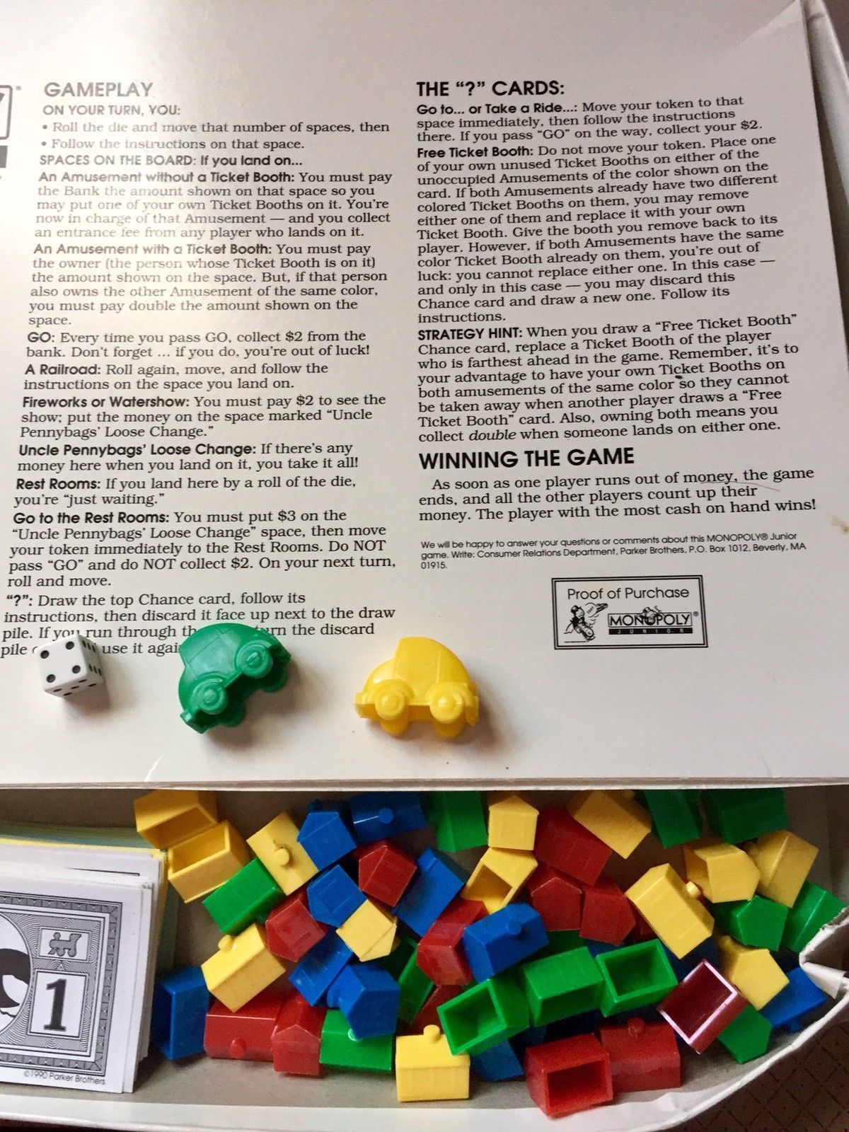 Details about   Board Game Parts: MONOPOLY JR replacement pieces junior Parker Brothers