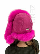 Blue Fox Fur Hat With Suede Trapper Saga Furs Ushanka Aviator Hat Pink Fur Hat image 3