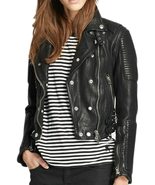 Women&#39;s Black Studded Slim Fit Brando Padded Retro Winter Biker Leather ... - $108.00