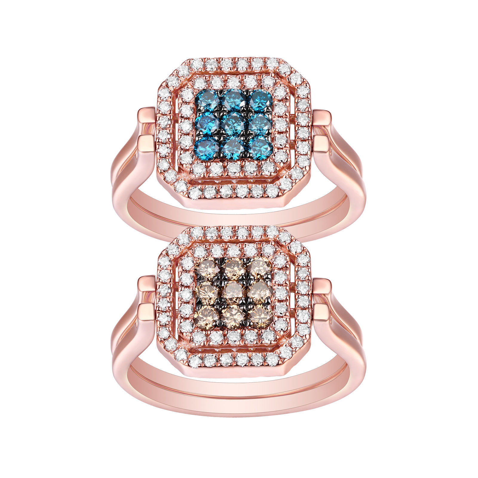 Blue and Brown Reversible Flip Ring 1.26Ct.14k Rose Gold Cluster