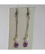 SOLID 18K WHITE GOLD PENDANT EARRINGS WITH AMETHYST AND PEARL MADE IN ITALY - $286.45
