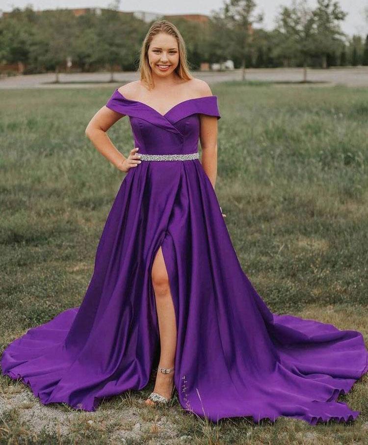 Plus Size Off the Shoulder Purple Prom Dresses with Slit Side ...