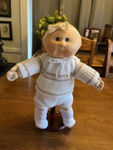 1980s Cabbage Patch Kid Preemie Baby Brown Eyes Bald Gold & White Crochet Outfit - $22.50