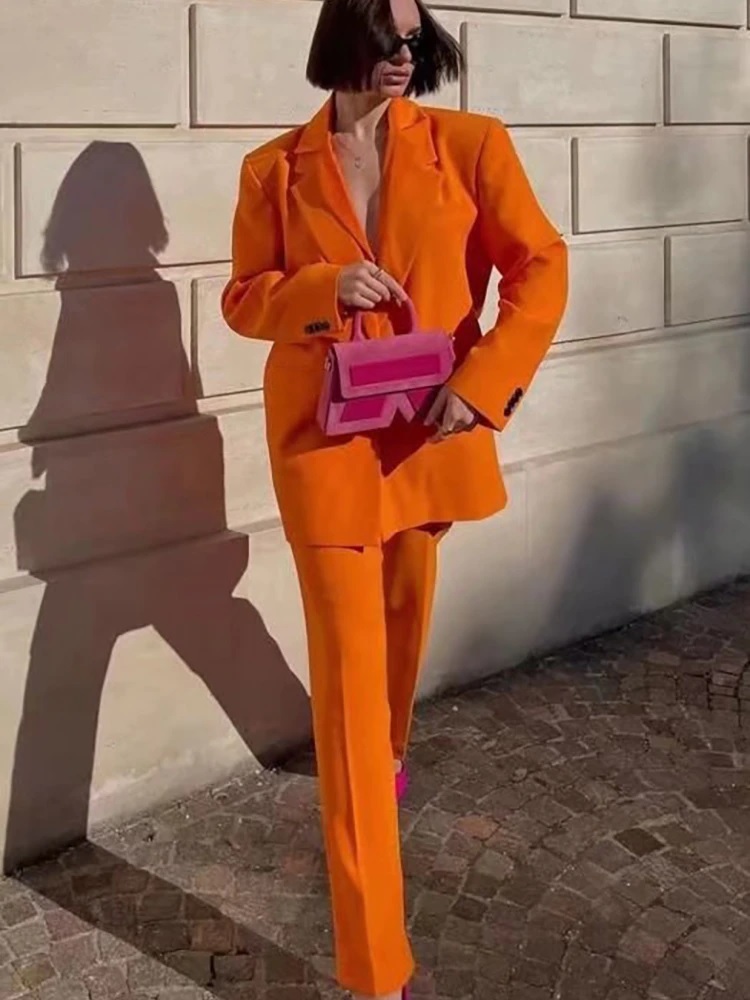 New orange two-piece women suit set long blazer and straight wide-legged pants