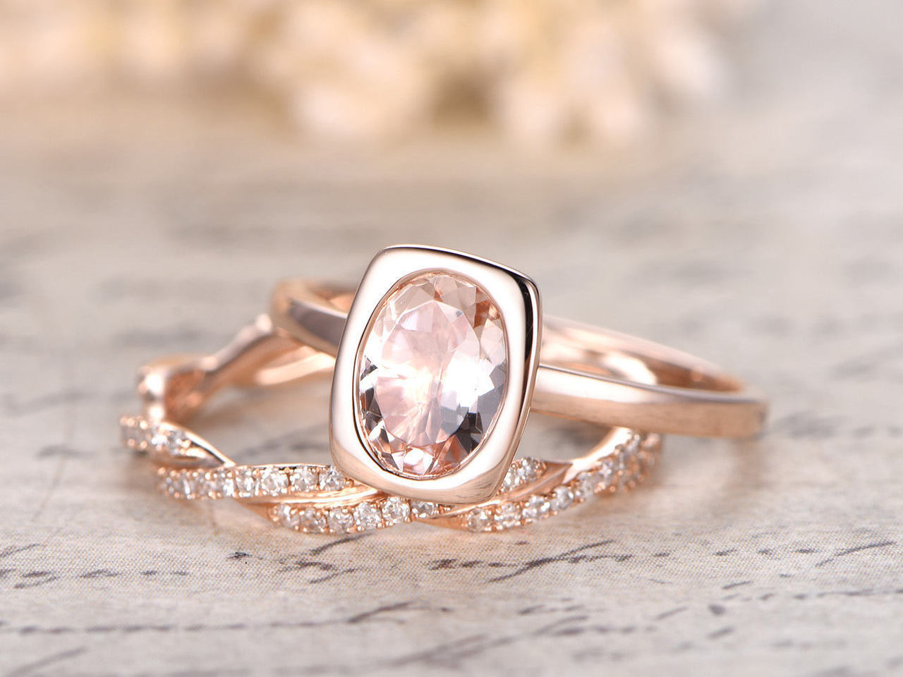 Samsfashion - 6x8mm oval morganite & diamond wedding bezel bridal ring set 14k rose gold over