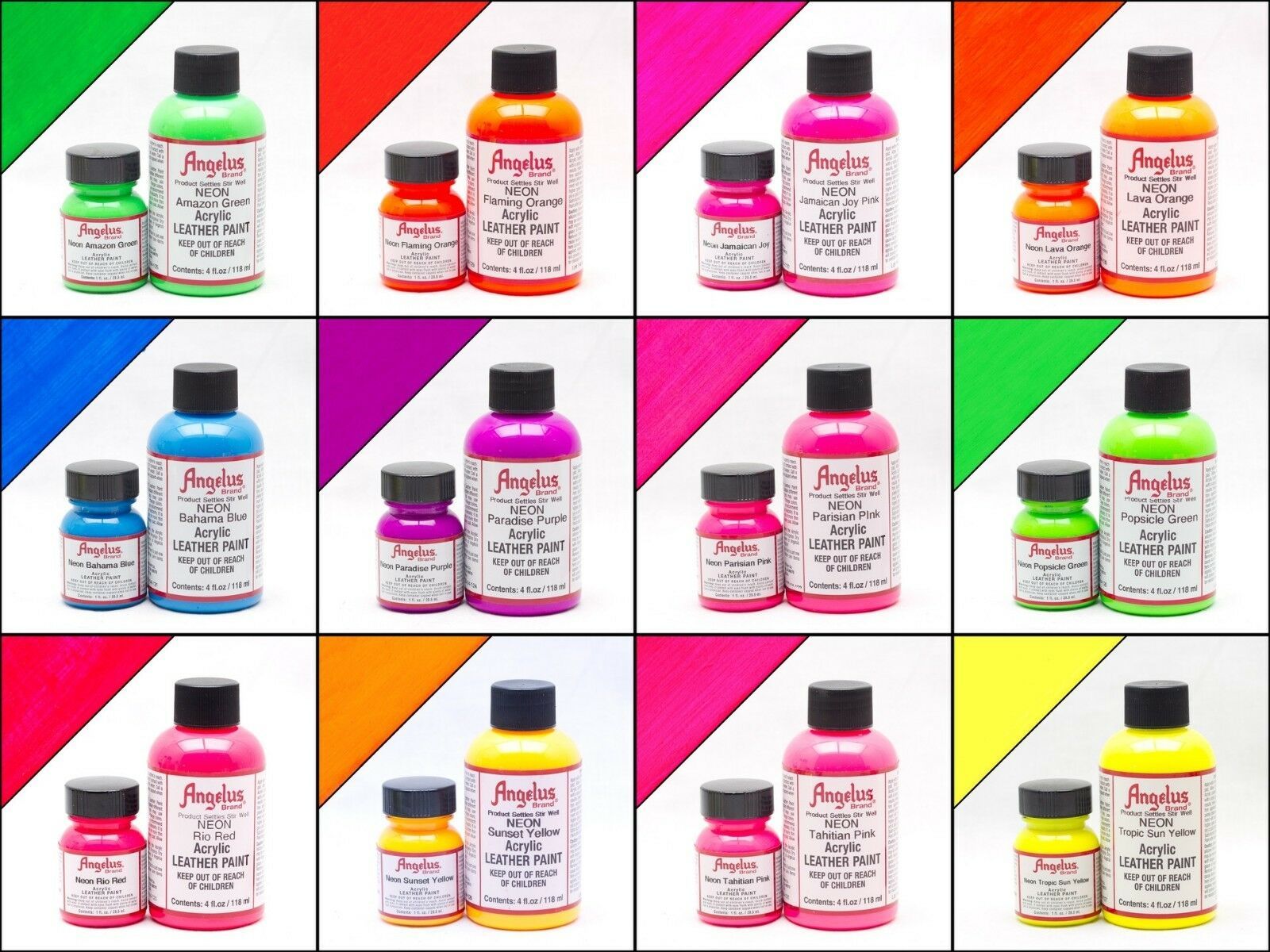 Neon Paint 12 Colors Angelus Acrylic Leather /Vinyl Paint /Dye Waterproof - 4 oz
