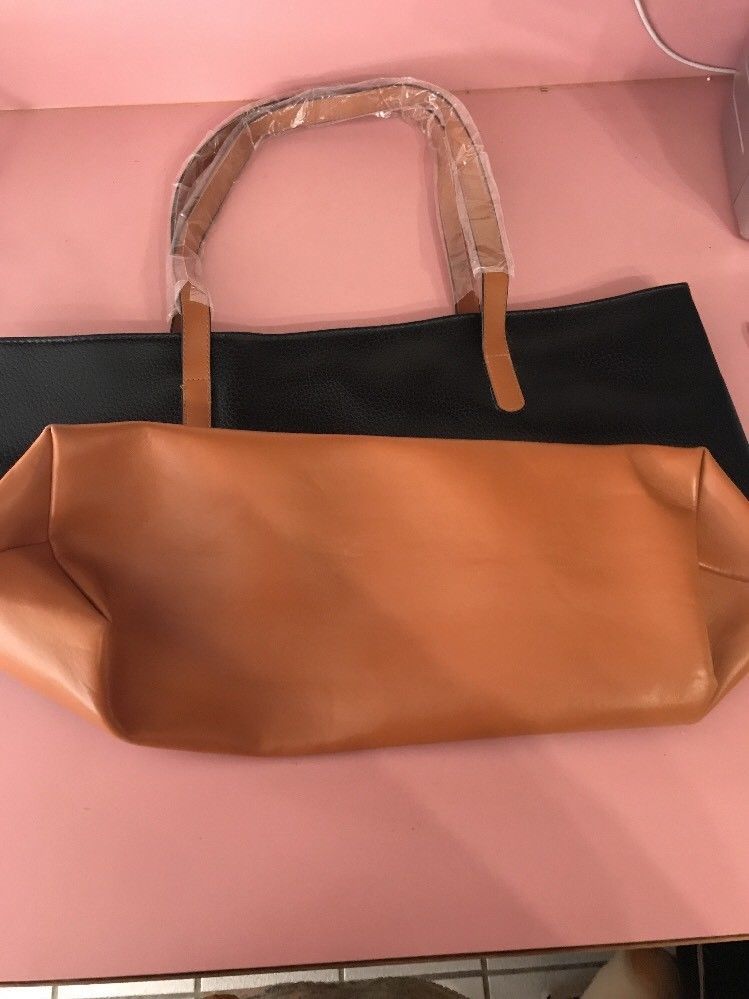 TANGER OUTLETS TOTE BAG BLACK & BROWN FAUX LEATHER SHOPPING BAG 18.5x12