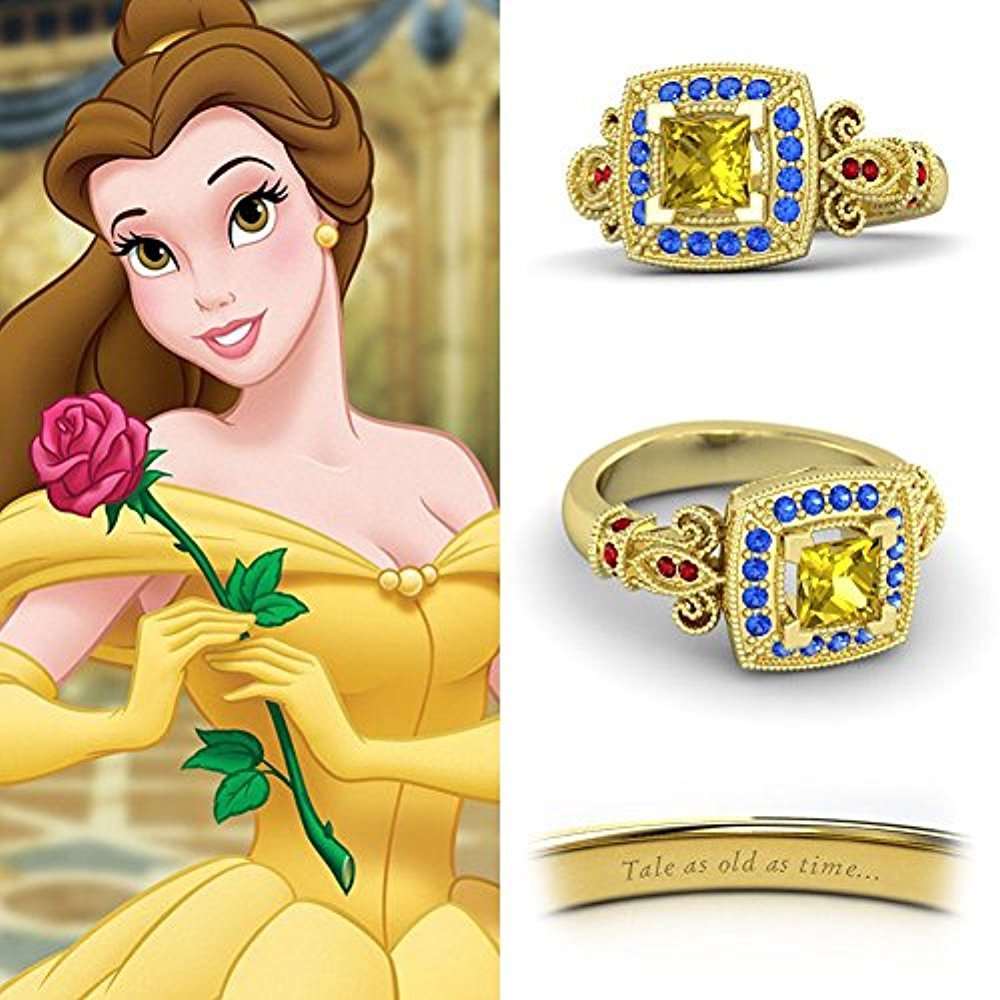 Samsfashion - 18k yellow gold over silver multi-color disney princess belle engagement ring