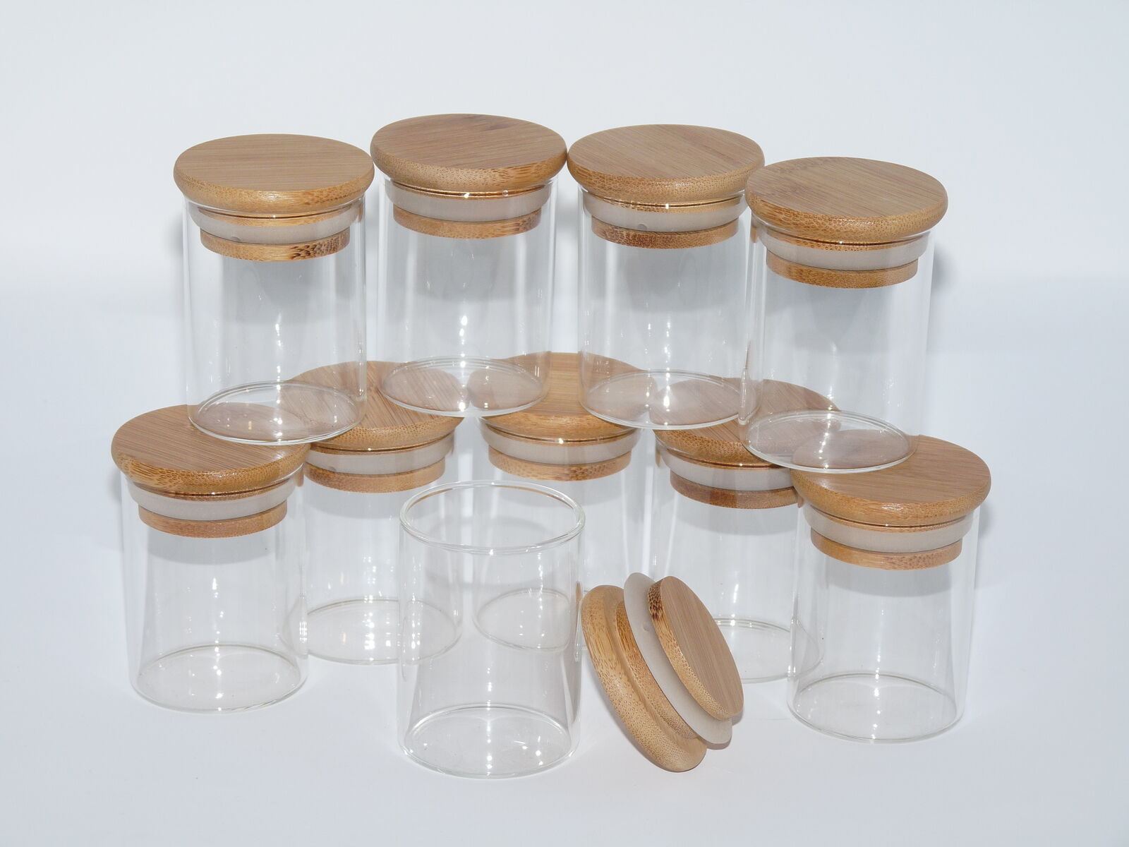 10 PACK NEW 2oz GLASS Jars w/ WOODEN SUCTION Cap Top Lids Other